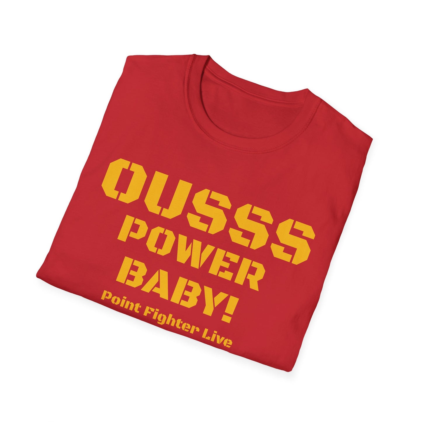 Ousss Power Baby! Yellow Screen Graphic T-Shirt — Retro Bold Typography Tee