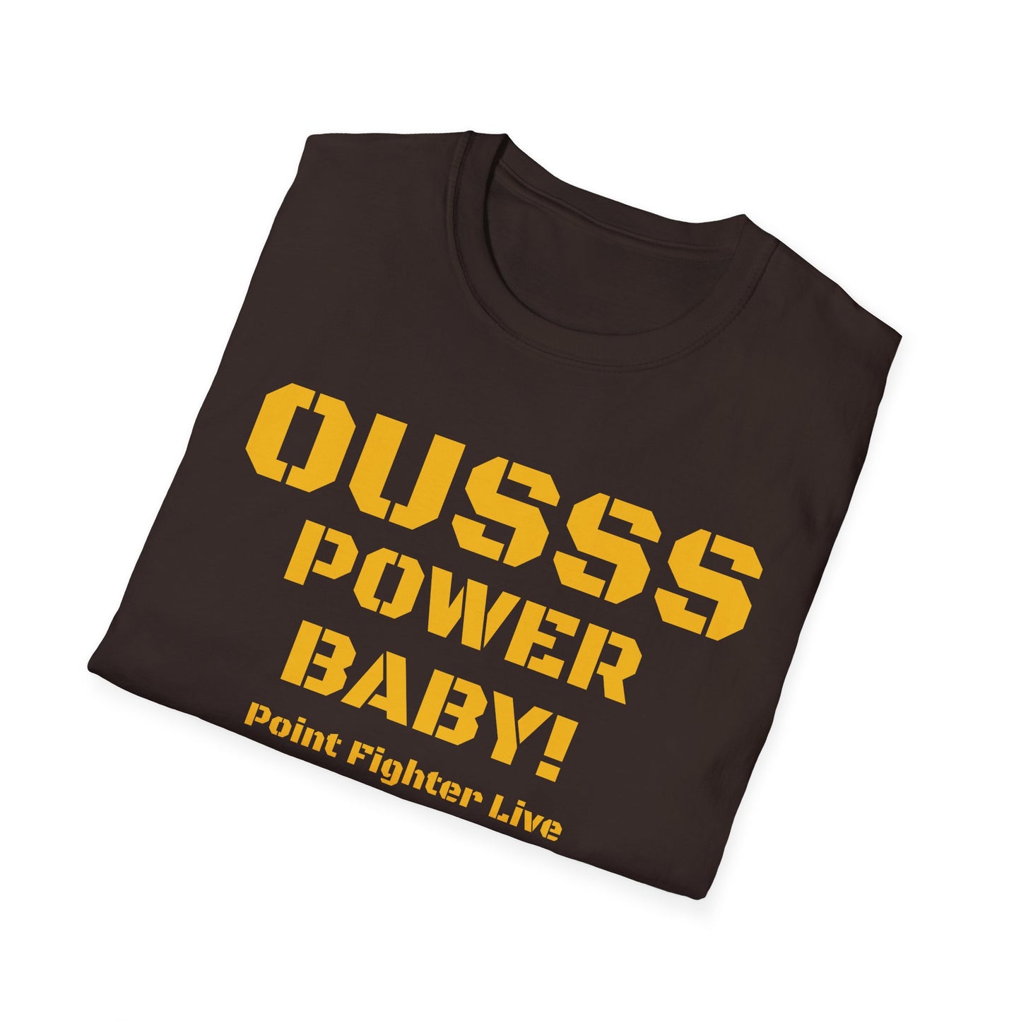 Ousss Power Baby! Yellow Screen Graphic T-Shirt — Retro Bold Typography Tee