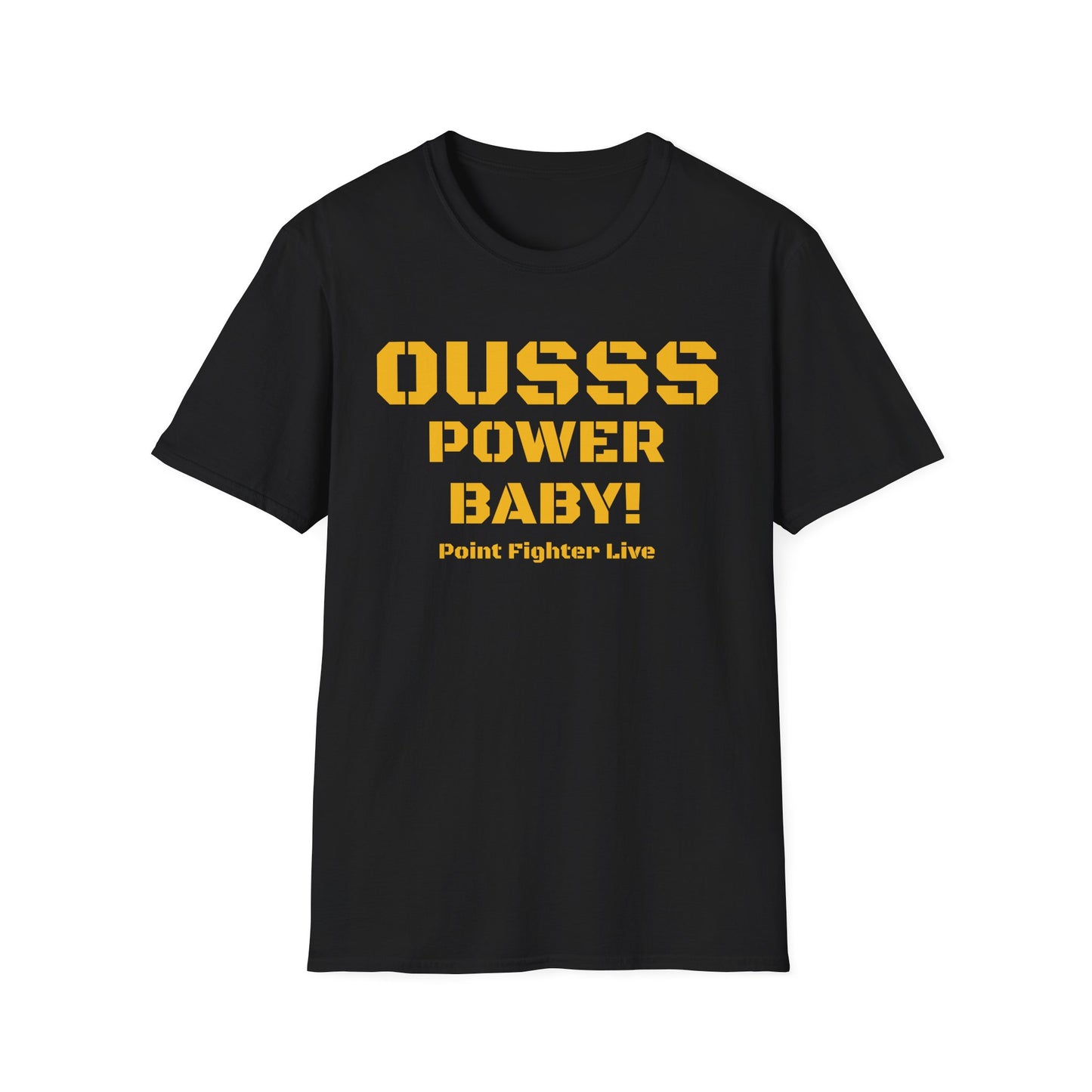 Ousss Power Baby! Yellow Screen Graphic T-Shirt — Retro Bold Typography Tee