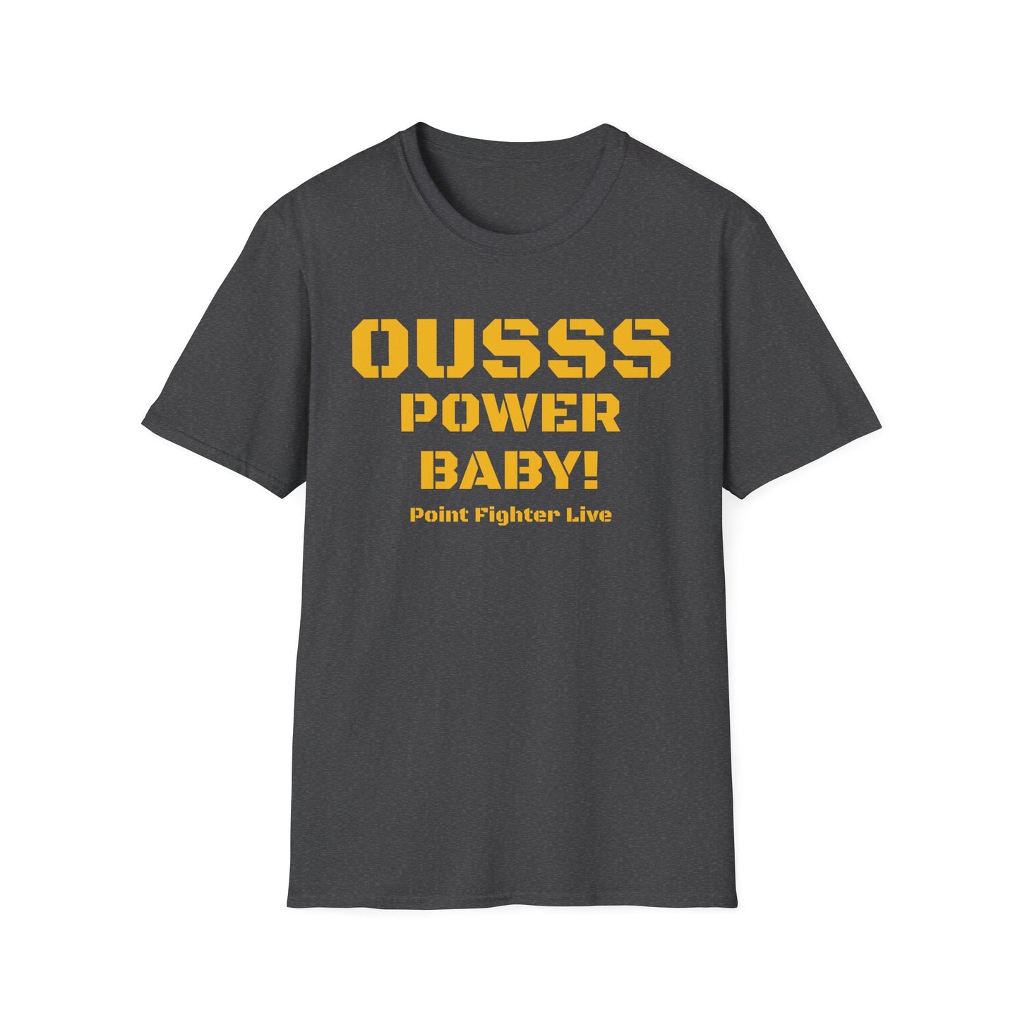 Ousss Power Baby! Yellow Screen Graphic T-Shirt — Retro Bold Typography Tee