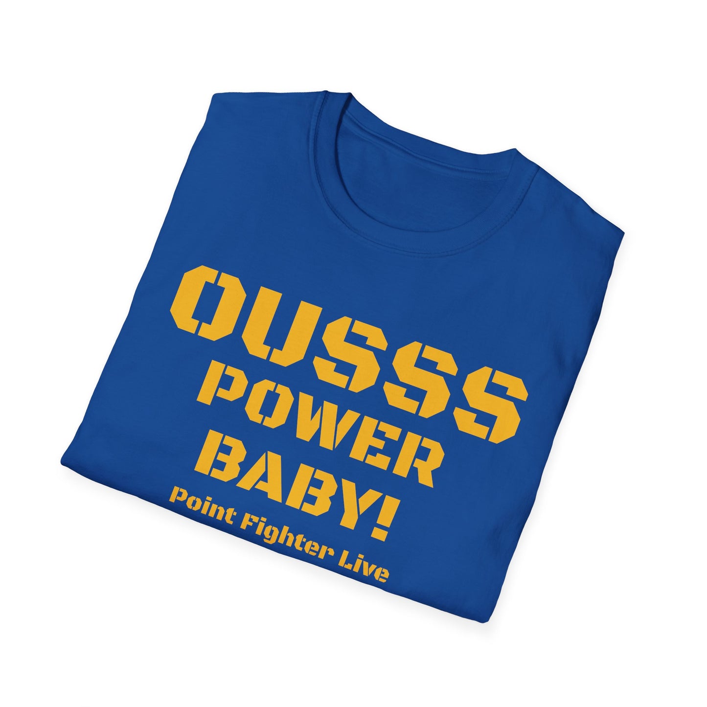 Ousss Power Baby! Yellow Screen Graphic T-Shirt — Retro Bold Typography Tee