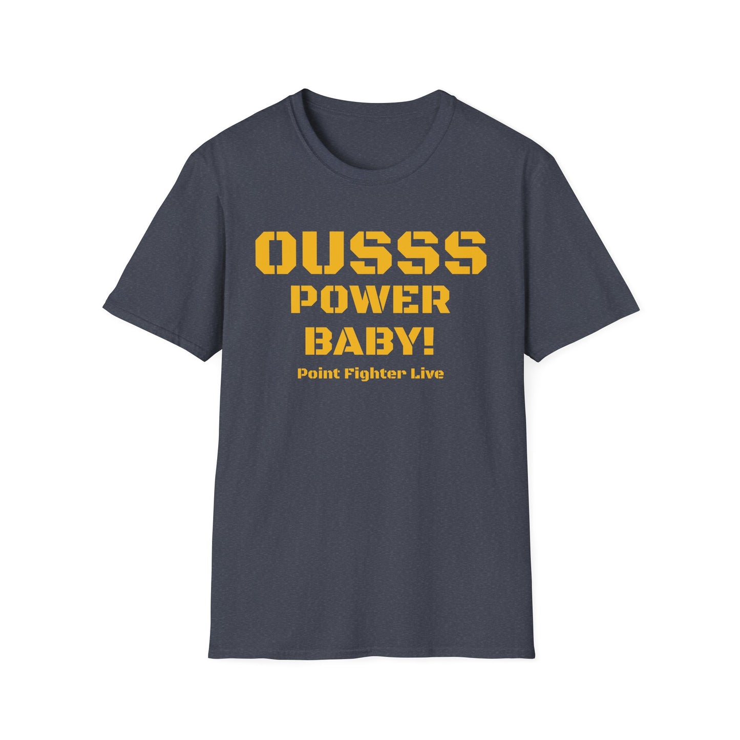 Ousss Power Baby! Yellow Screen Graphic T-Shirt — Retro Bold Typography Tee
