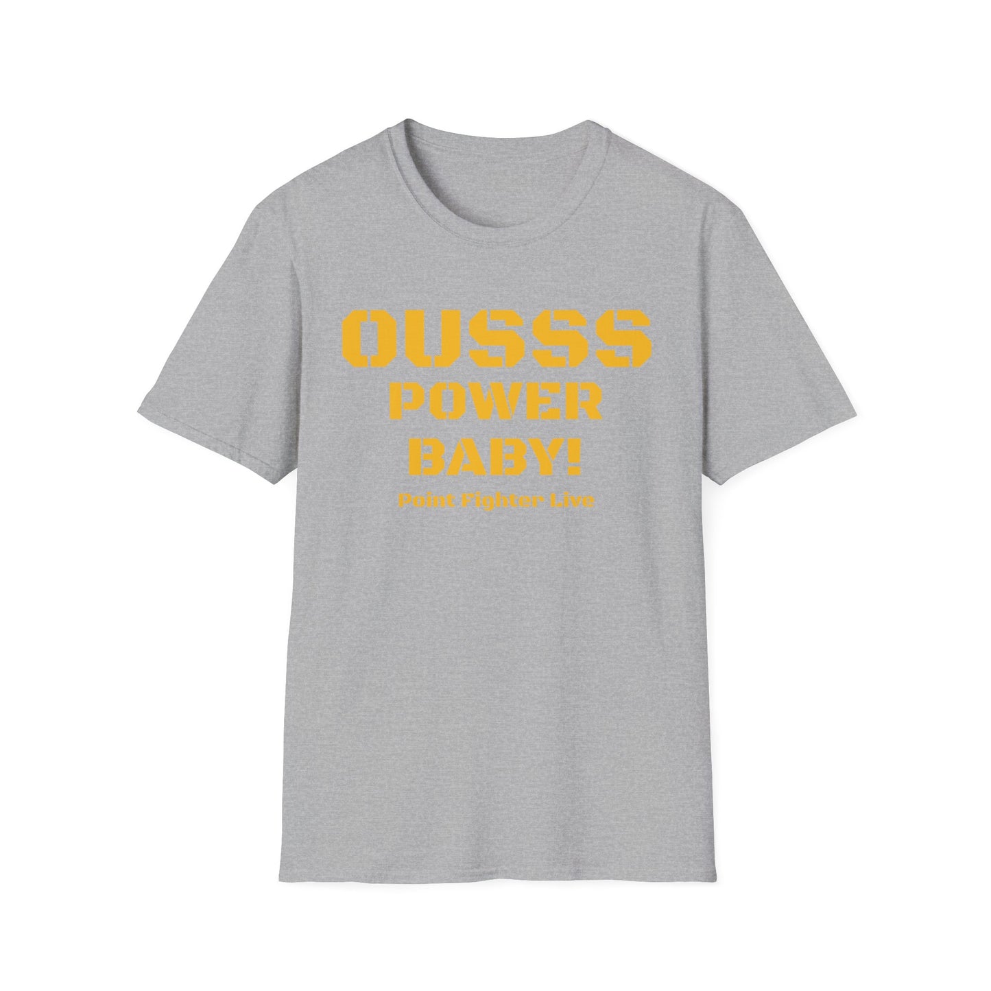 Ousss Power Baby! Yellow Screen Graphic T-Shirt — Retro Bold Typography Tee