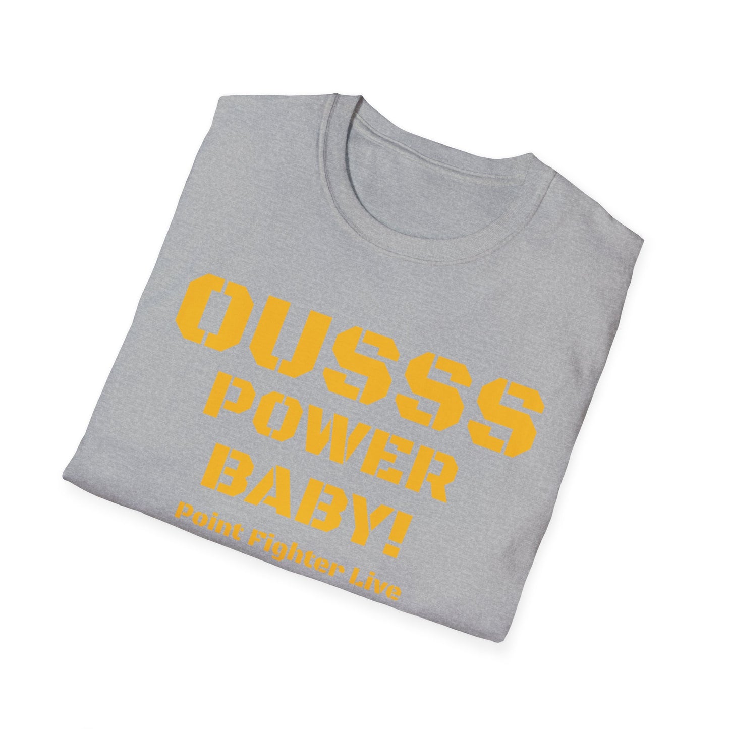 Ousss Power Baby! Yellow Screen Graphic T-Shirt — Retro Bold Typography Tee