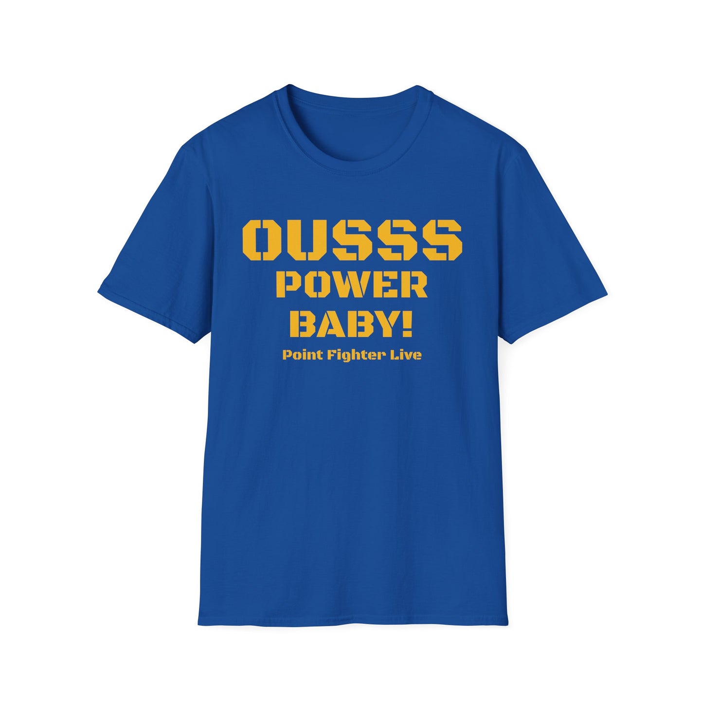 Ousss Power Baby! Yellow Screen Graphic T-Shirt — Retro Bold Typography Tee