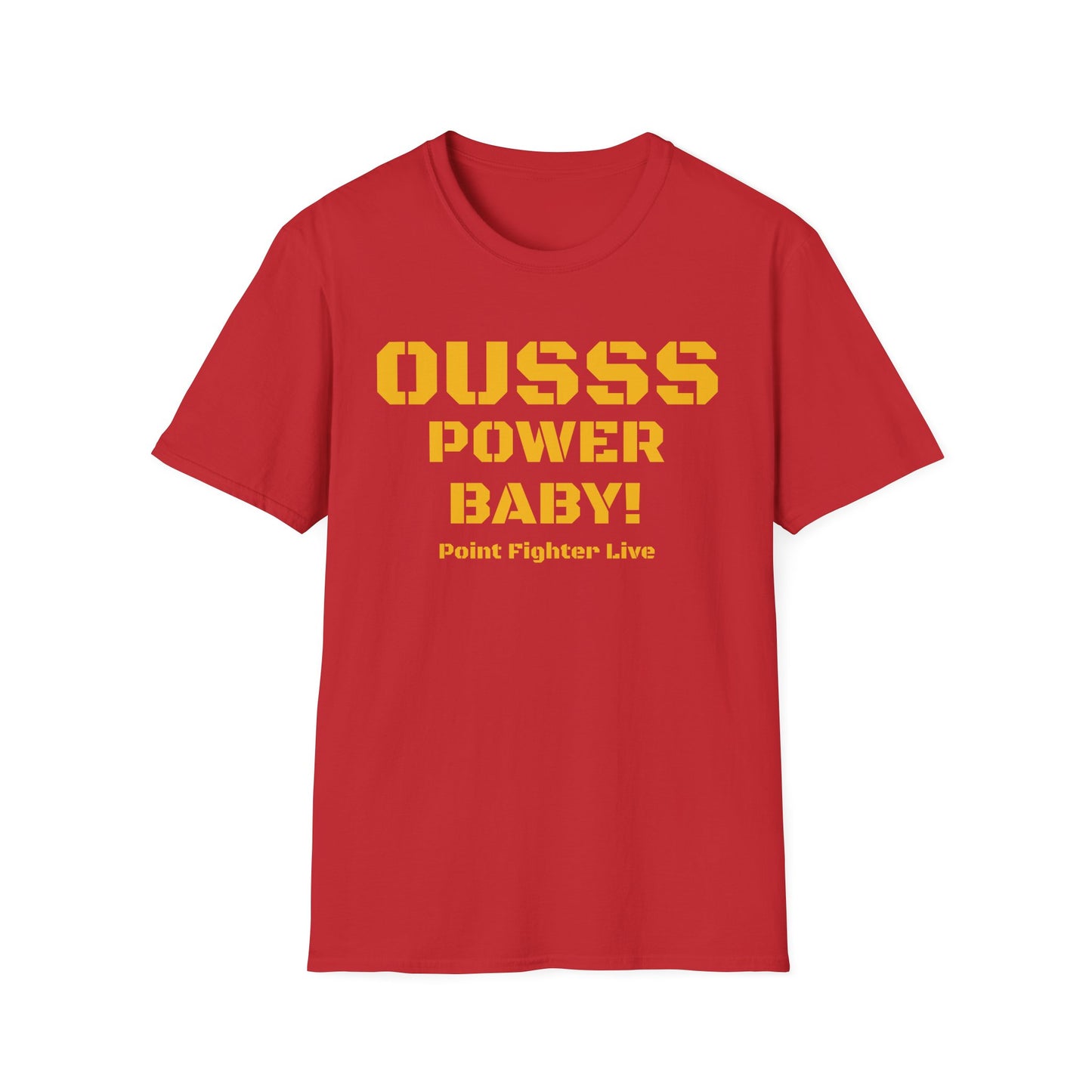 Ousss Power Baby! Yellow Screen Graphic T-Shirt — Retro Bold Typography Tee