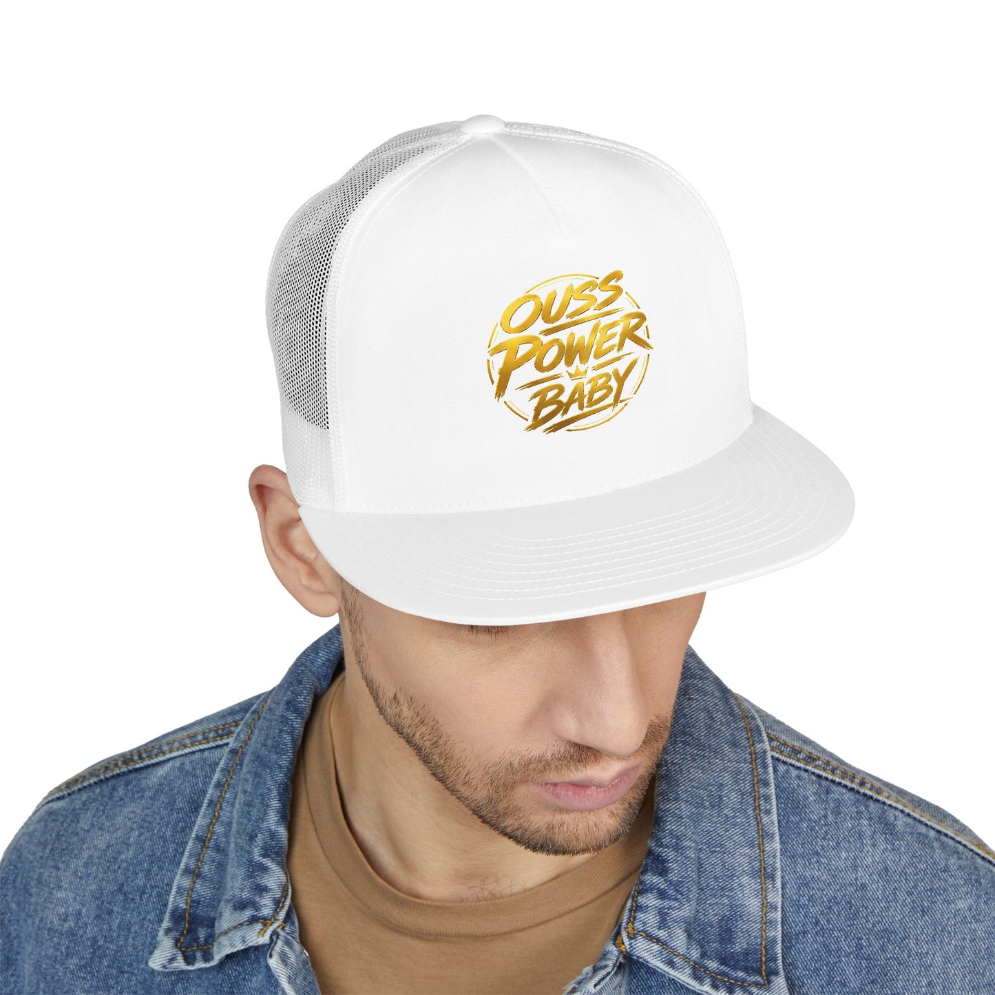 Ouss Power Baby Trucker Cap — Gold Script Logo 5-Panel Mesh Hat