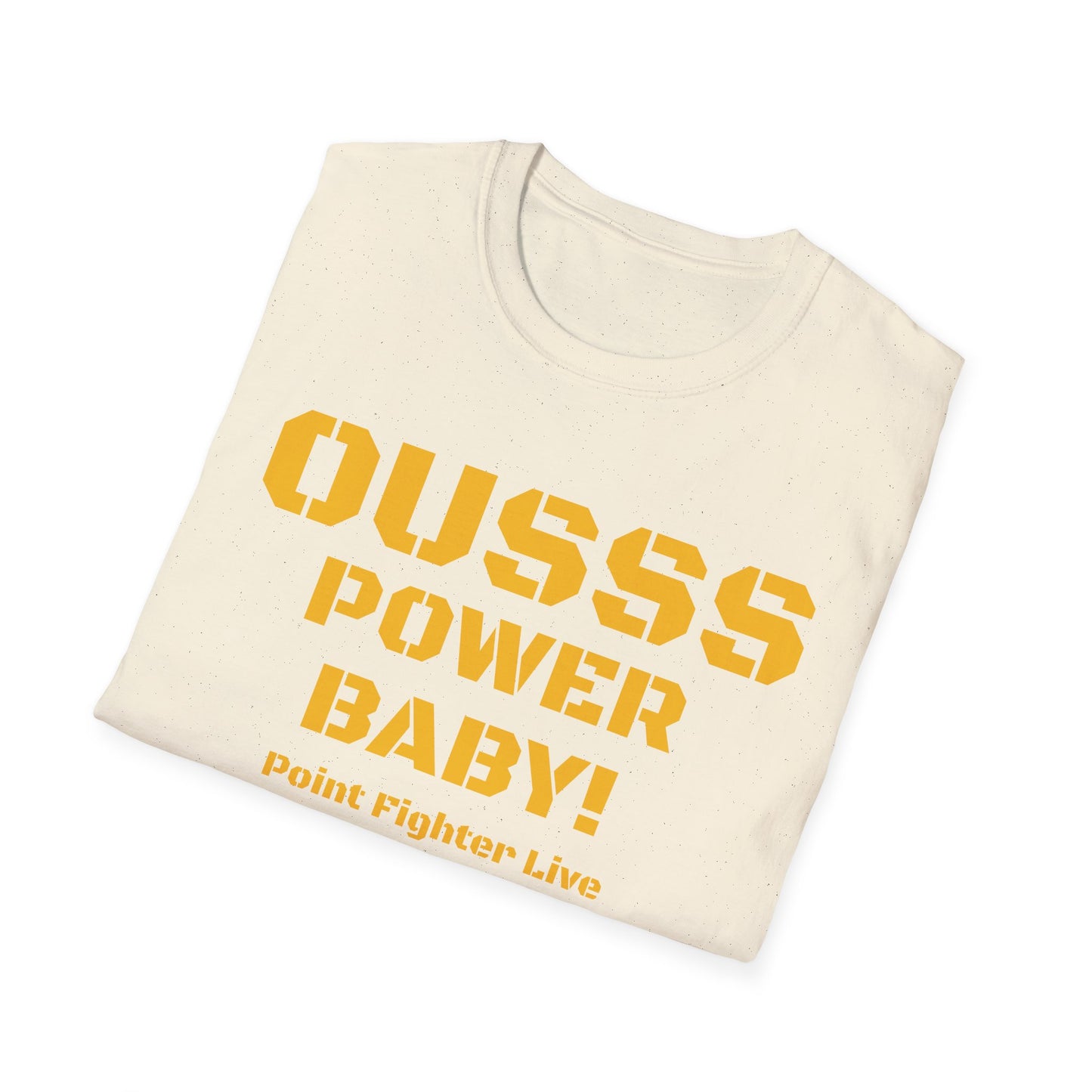 Ousss Power Baby! Yellow Screen Graphic T-Shirt — Retro Bold Typography Tee
