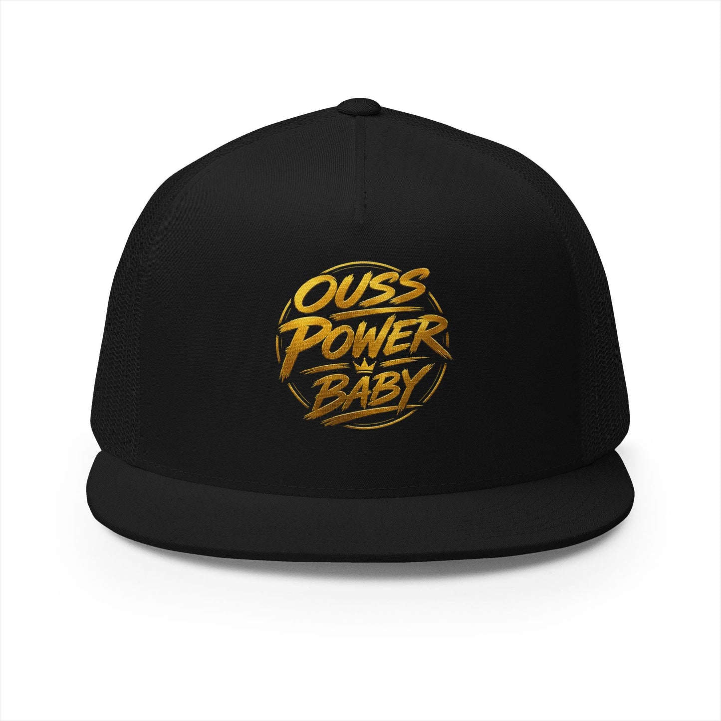 Ouss Power Baby Trucker Cap — Gold Script Logo 5-Panel Mesh Hat