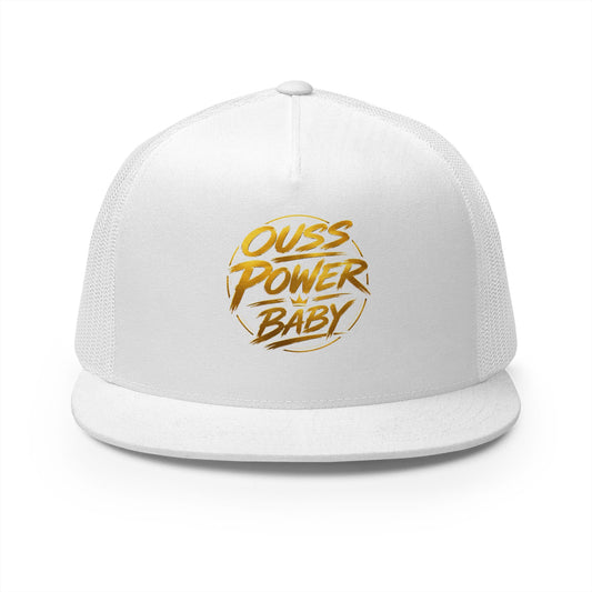 Ouss Power Baby Trucker Cap — Gold Script Logo 5-Panel Mesh Hat