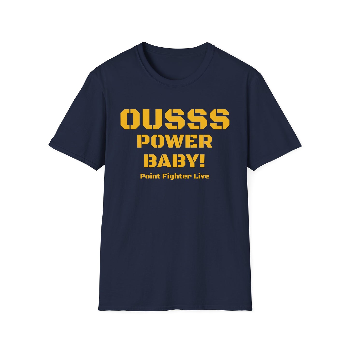 Ousss Power Baby! Yellow Screen Graphic T-Shirt — Retro Bold Typography Tee