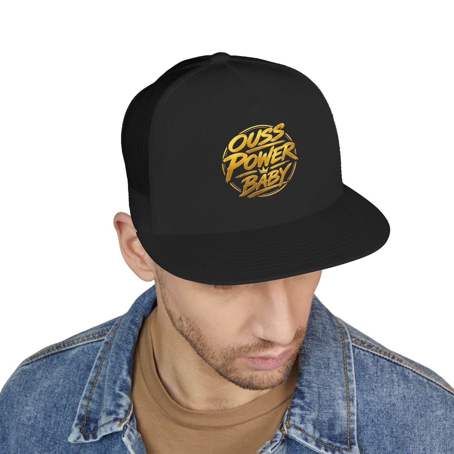 Ouss Power Baby Trucker Cap — Gold Script Logo 5-Panel Mesh Hat