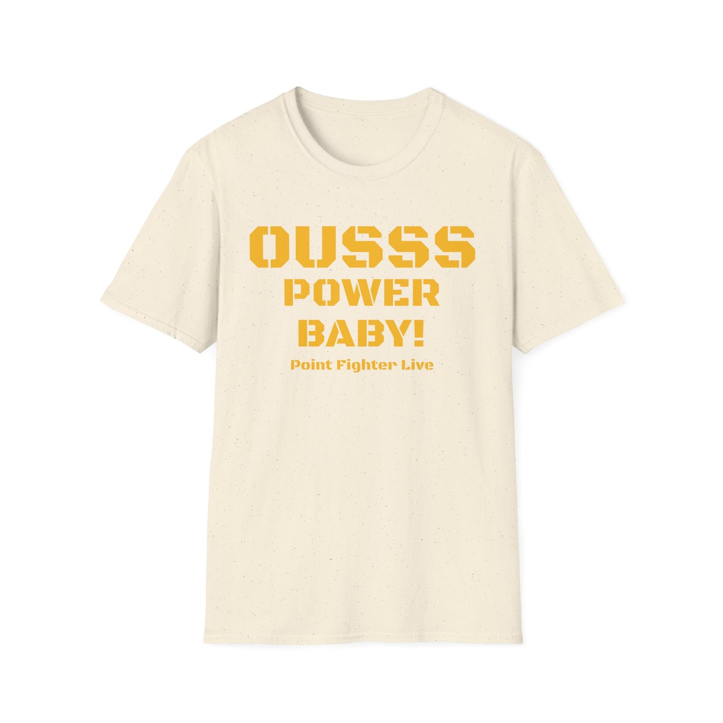 Ousss Power Baby! Yellow Screen Graphic T-Shirt — Retro Bold Typography Tee
