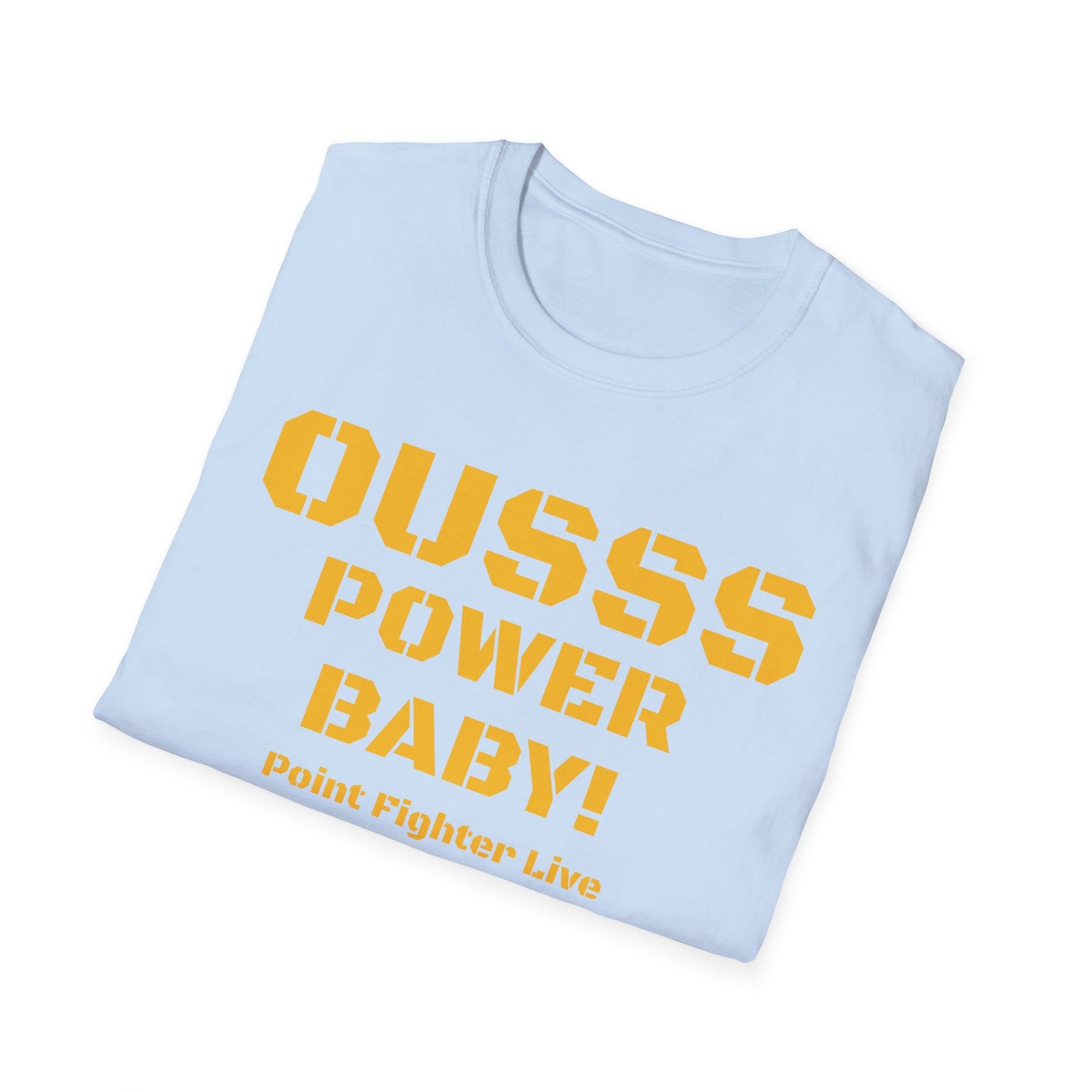 Ousss Power Baby! Yellow Screen Graphic T-Shirt — Retro Bold Typography Tee
