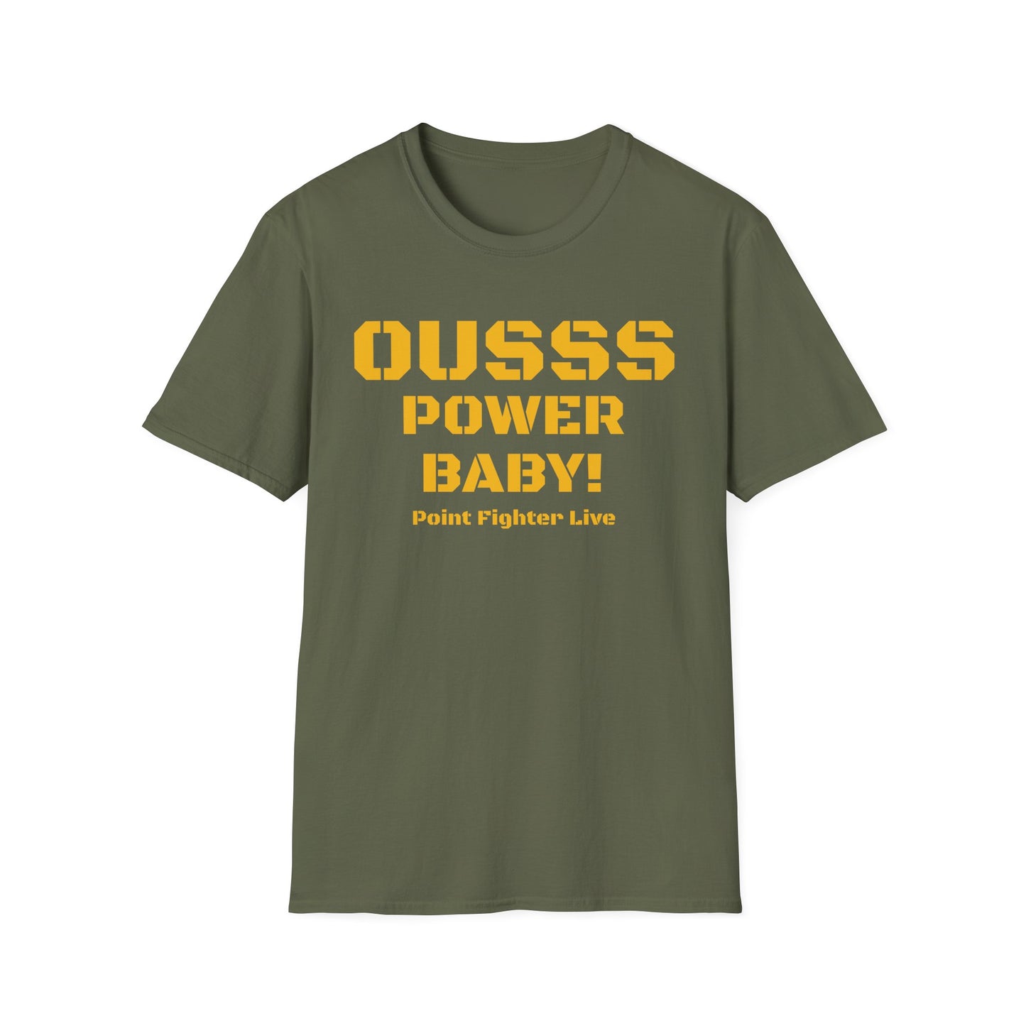 Ousss Power Baby! Yellow Screen Graphic T-Shirt — Retro Bold Typography Tee