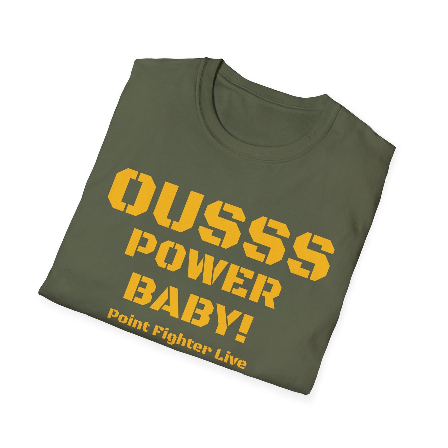 Ousss Power Baby! Yellow Screen Graphic T-Shirt — Retro Bold Typography Tee