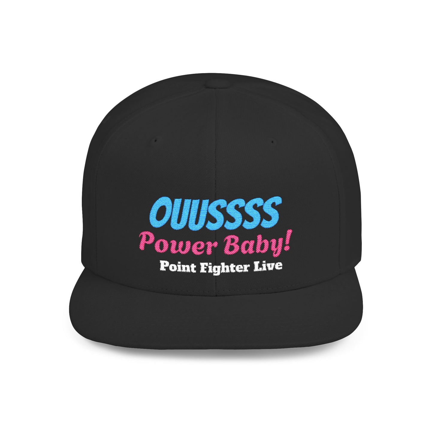 Snapback Hat – 'OUUSSSS - Power Baby' Blue Fuzzy Text Flat Bill Cap
