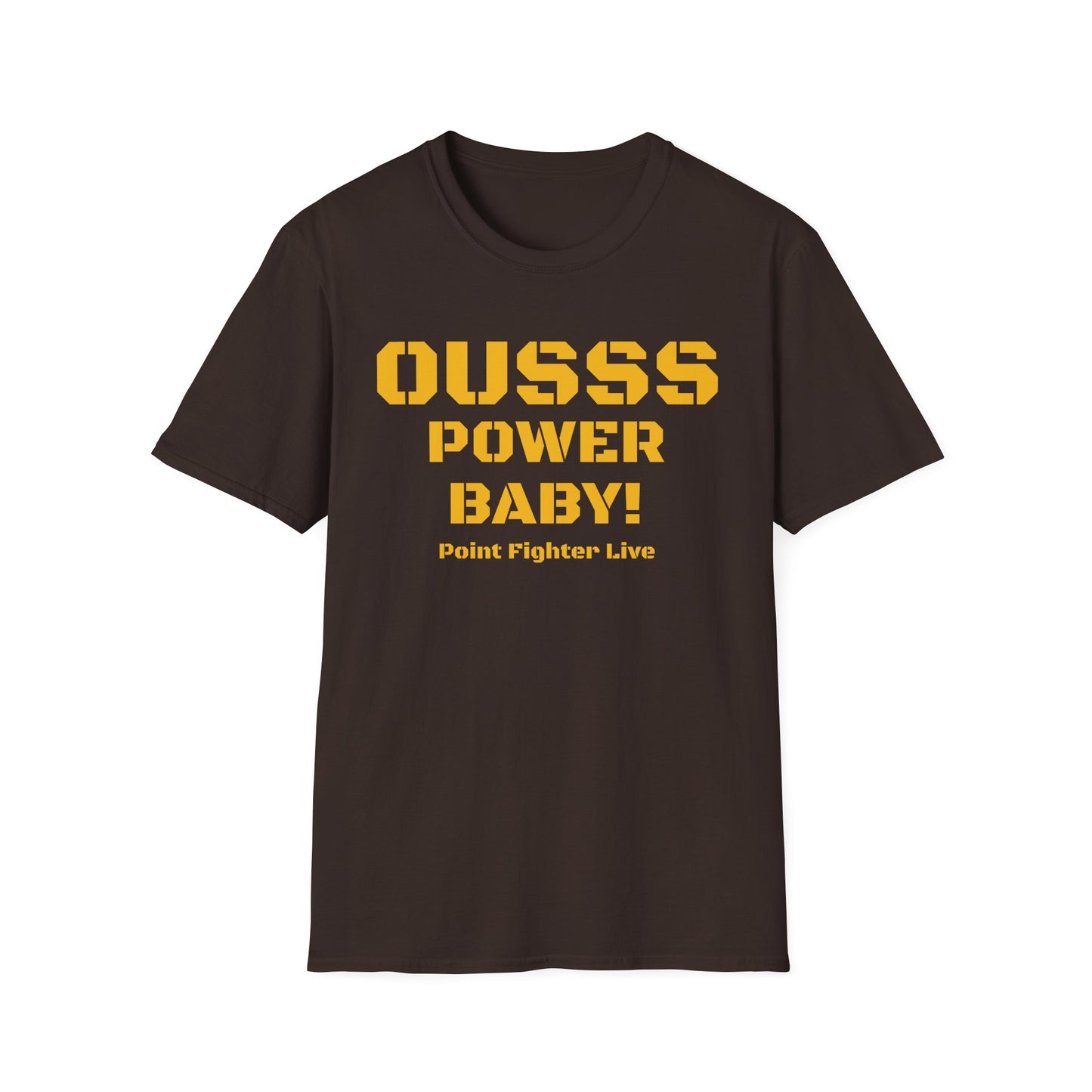 Ousss Power Baby! Yellow Screen Graphic T-Shirt — Retro Bold Typography Tee