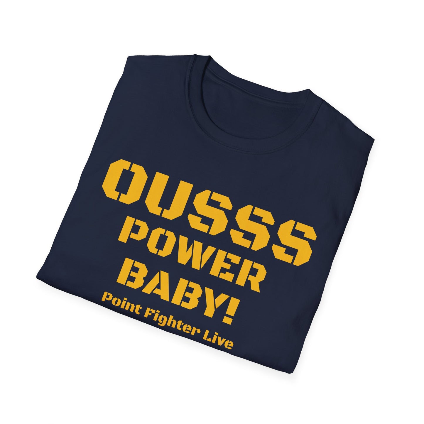 Ousss Power Baby! Yellow Screen Graphic T-Shirt — Retro Bold Typography Tee
